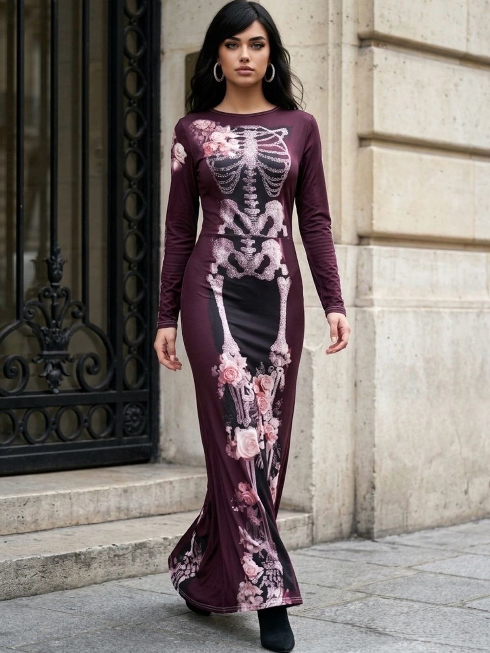 Plum Floral Skeleton Long-Sleeve Maxi Dress
